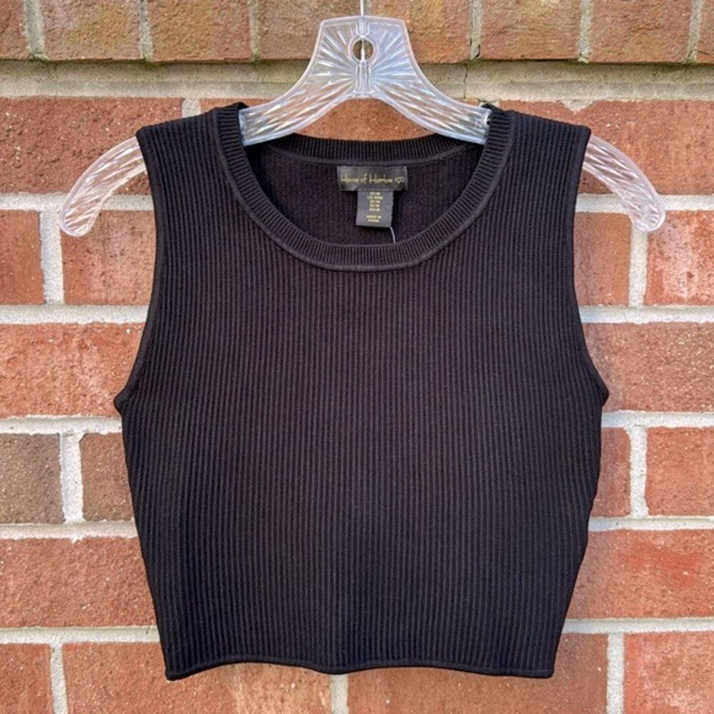 House of Harlow 1960 Black Ribbed Knit Cropped Sleeveless Sweater Top sz Medium
